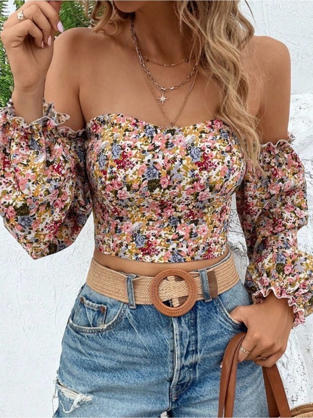 Floral Print off/on shoulders Floral corset~ like long sleeve